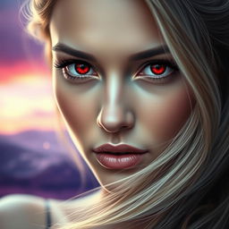 A close-up of a strikingly beautiful woman with bright red eyes, captivating gaze, and intricately styled long hair flowing around her shoulders