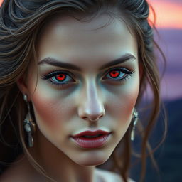 A close-up of a strikingly beautiful woman with bright red eyes, captivating gaze, and intricately styled long hair flowing around her shoulders