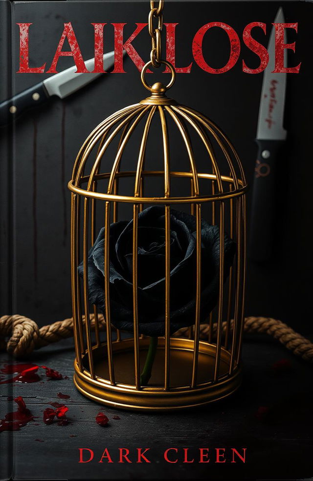 A dark cover featuring a black rose inside an open golden cage