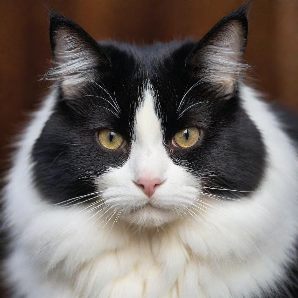 A detailed image of a long-haired black and white cat, showcasing its luxurious coat and captivating gaze.