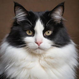 A detailed image of a long-haired black and white cat, showcasing its luxurious coat and captivating gaze.