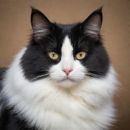 A detailed image of a long-haired black and white cat, showcasing its luxurious coat and captivating gaze.