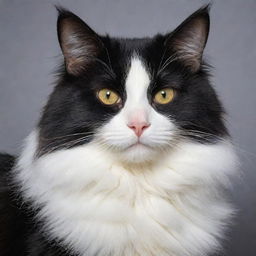 A detailed image of a long-haired black and white cat, showcasing its luxurious coat and captivating gaze.