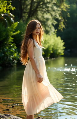 A serene scene featuring a beautiful woman standing by the edge of a tranquil river