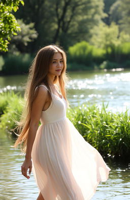 A serene scene featuring a beautiful woman standing by the edge of a tranquil river