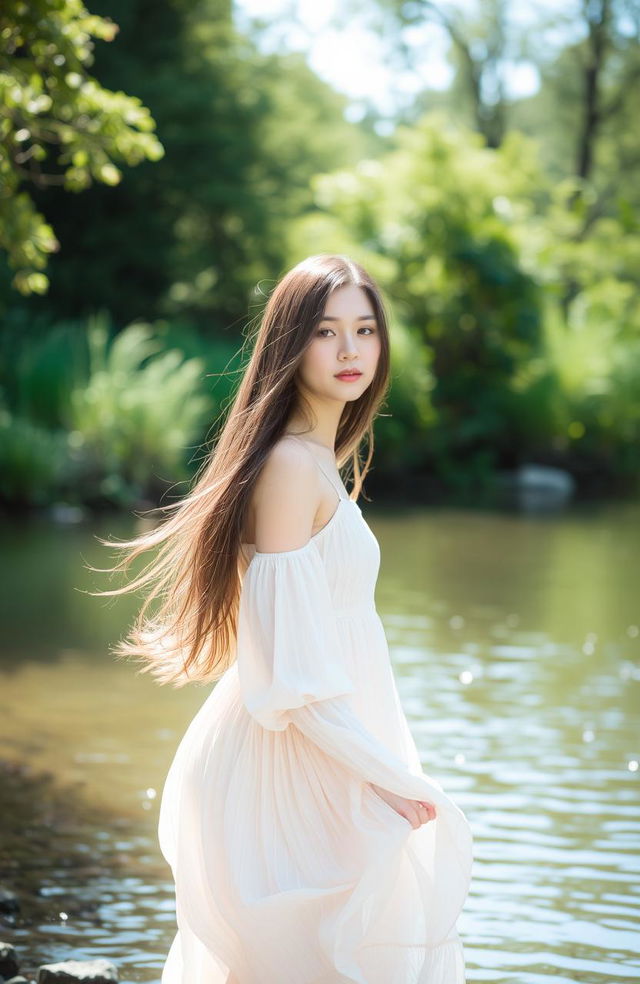 A serene scene featuring a beautiful woman standing by the edge of a tranquil river