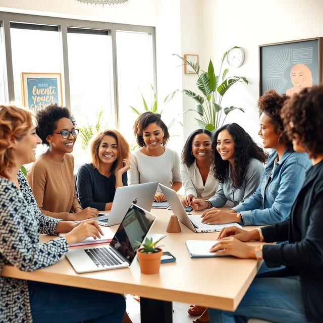 A diverse group of women engaged in a vibrant discussion around a modern table, with laptops and notebooks open in front of them