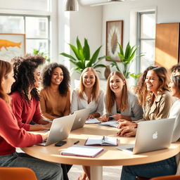 A diverse group of women engaged in a vibrant discussion around a modern table, with laptops and notebooks open in front of them