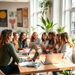 A diverse group of women engaged in a vibrant discussion around a modern table, with laptops and notebooks open in front of them