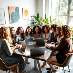 A diverse group of women engaged in a vibrant discussion around a modern table, with laptops and notebooks open in front of them