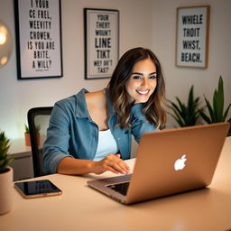 A confident woman sitting at a sleek desk, engaging with a laptop as she interacts with ChatGPT