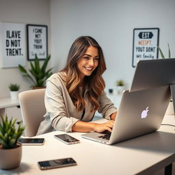A confident woman sitting at a sleek desk, engaging with a laptop as she interacts with ChatGPT