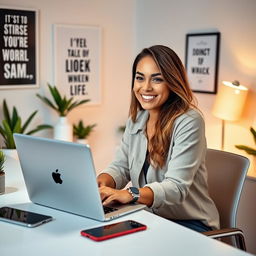 A confident woman sitting at a sleek desk, engaging with a laptop as she interacts with ChatGPT