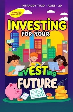 An engaging and colorful book cover designed for a children's financial education book, aimed at ages 10 to 20, introducing stock market investing and financial planning