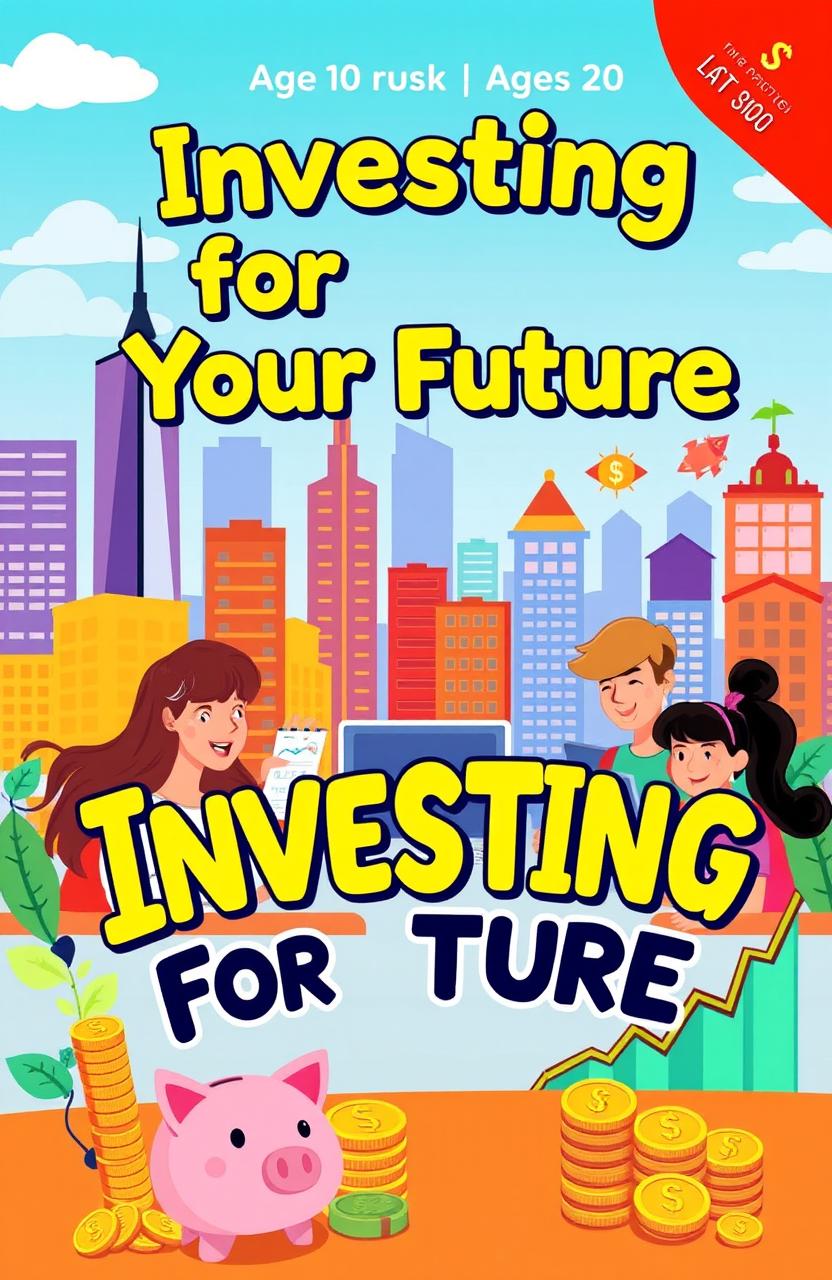 An engaging and colorful book cover designed for a children's financial education book, aimed at ages 10 to 20, introducing stock market investing and financial planning