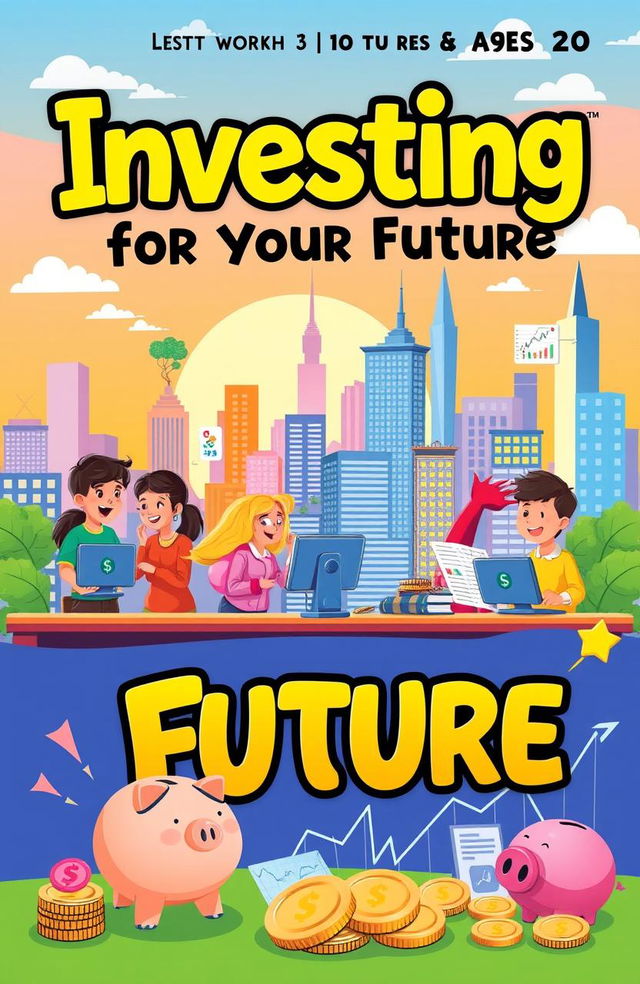 An engaging and colorful book cover designed for a children's financial education book, aimed at ages 10 to 20, introducing stock market investing and financial planning