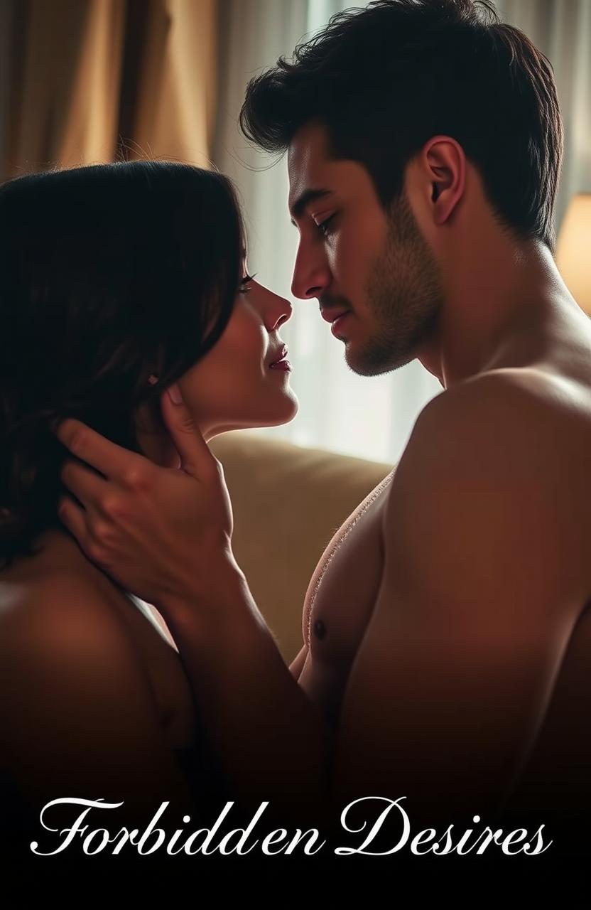 An intimate moment between a couple in a softly lit room, their faces close together, eyes locked in a passionate gaze
