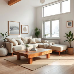 A cozy Nordic interior design scene featuring minimalistic furniture, warm wooden tones, and natural light