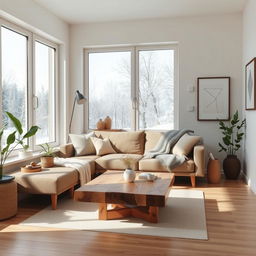 A cozy Nordic interior design scene featuring minimalistic furniture, warm wooden tones, and natural light