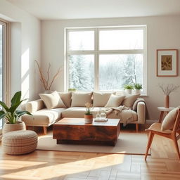 A cozy Nordic interior design scene featuring minimalistic furniture, warm wooden tones, and natural light