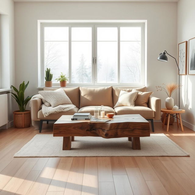 A cozy Nordic interior design scene featuring minimalistic furniture, warm wooden tones, and natural light