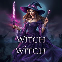 A captivating book cover design featuring a witch from the 1800s, set against a backdrop of a war-torn kingdom