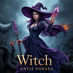 A captivating book cover design featuring a witch from the 1800s, set against a backdrop of a war-torn kingdom