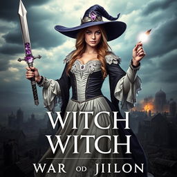 An eye-catching book cover featuring a powerful witch from the 1800s, set against the backdrop of a sprawling war-torn kingdom