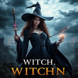 An eye-catching book cover featuring a powerful witch from the 1800s, set against the backdrop of a sprawling war-torn kingdom