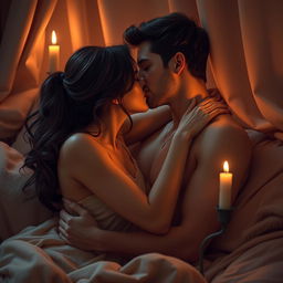 A beautiful and sensual scene depicting an intimate couple embracing passionately in a softly lit room, surrounded by warm tones and plush fabrics