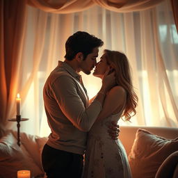 A beautiful and sensual scene depicting an intimate couple embracing passionately in a softly lit room, surrounded by warm tones and plush fabrics