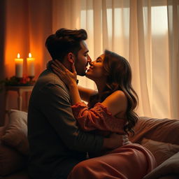 A beautiful and sensual scene depicting an intimate couple embracing passionately in a softly lit room, surrounded by warm tones and plush fabrics