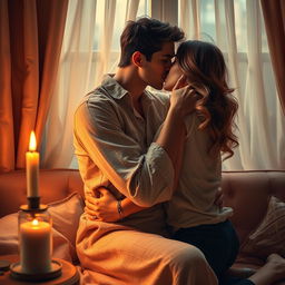 A beautiful and sensual scene depicting an intimate couple embracing passionately in a softly lit room, surrounded by warm tones and plush fabrics