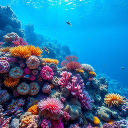 A stunning underwater coral reef scene, vibrant and full of life, showcasing various colorful coral formations in shades of blue, pink, yellow, and orange