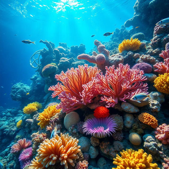 A stunning underwater coral reef scene, vibrant and full of life, showcasing various colorful coral formations in shades of blue, pink, yellow, and orange