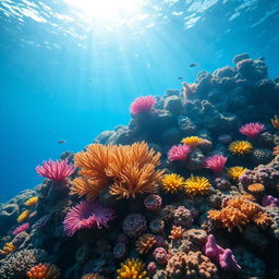 A stunning underwater coral reef scene, vibrant and full of life, showcasing various colorful coral formations in shades of blue, pink, yellow, and orange