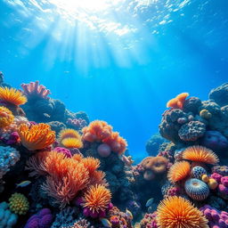 A stunning underwater coral reef scene, vibrant and full of life, showcasing various colorful coral formations in shades of blue, pink, yellow, and orange