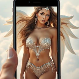 A beautifully styled heavenly goddess wearing a stunning bikini, exuding an aura of divine beauty and sexiness