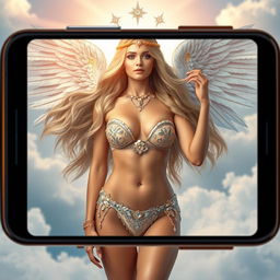 A beautifully styled heavenly goddess wearing a stunning bikini, exuding an aura of divine beauty and sexiness