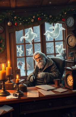 A cozy Christmas scene inspired by Charles Dickens' 'A Christmas Carol', featuring Ebenezer Scrooge in a warm, inviting office filled with vintage decorations, flickering candlelight, and a festive garland