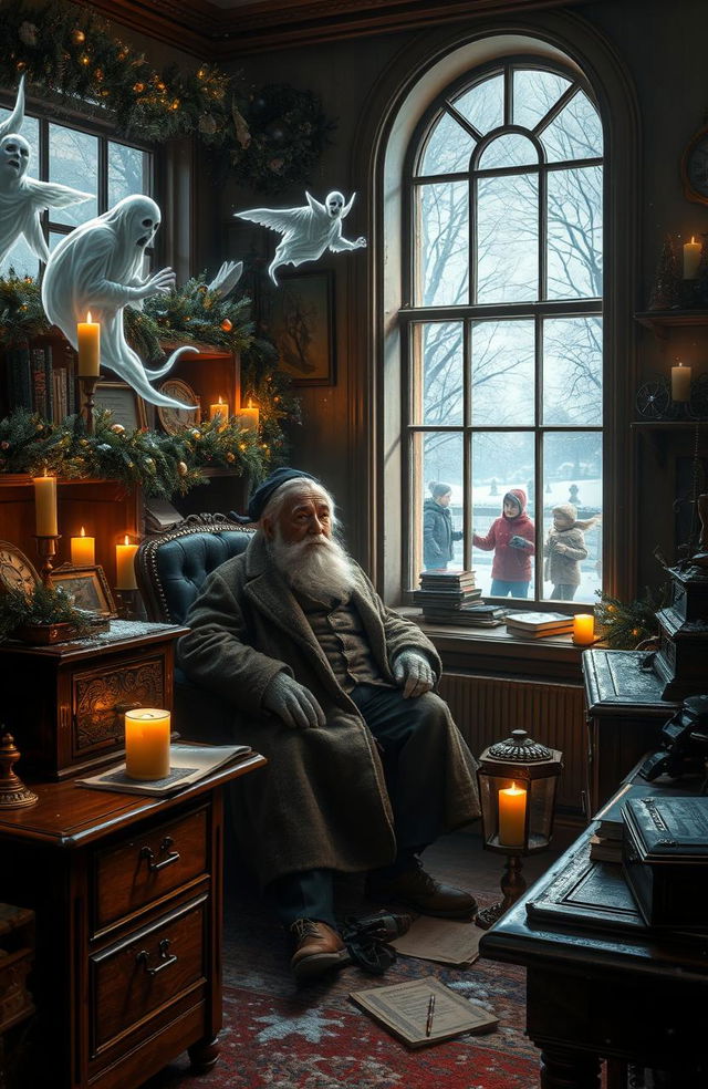 A cozy Christmas scene inspired by Charles Dickens' 'A Christmas Carol', featuring Ebenezer Scrooge in a warm, inviting office filled with vintage decorations, flickering candlelight, and a festive garland