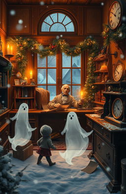 A cozy Christmas scene inspired by Charles Dickens' 'A Christmas Carol', featuring Ebenezer Scrooge in a warm, inviting office filled with vintage decorations, flickering candlelight, and a festive garland