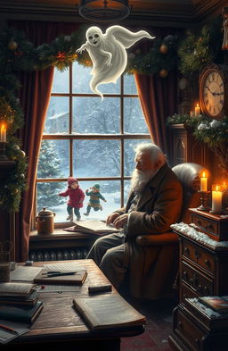 A cozy Christmas scene inspired by Charles Dickens' 'A Christmas Carol', featuring Ebenezer Scrooge in a warm, inviting office filled with vintage decorations, flickering candlelight, and a festive garland