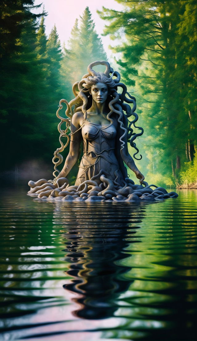 Medusa at a tranquil forest lake, turning to stone as she gazes at her rippled reflection.