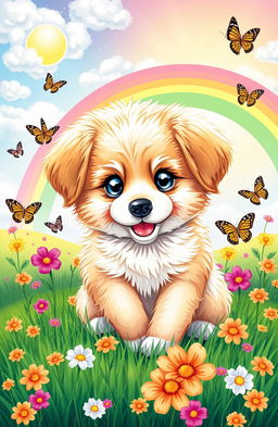 A vibrant and colorful illustration of an adorable puppy, surrounded by a whimsical landscape filled with flowers and butterflies