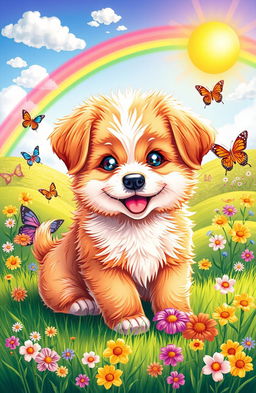 A vibrant and colorful illustration of an adorable puppy, surrounded by a whimsical landscape filled with flowers and butterflies