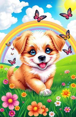 A vibrant and colorful illustration of an adorable puppy, surrounded by a whimsical landscape filled with flowers and butterflies