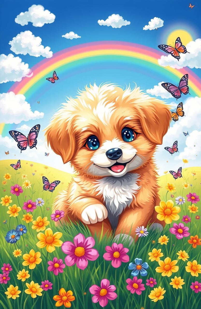 A vibrant and colorful illustration of an adorable puppy, surrounded by a whimsical landscape filled with flowers and butterflies