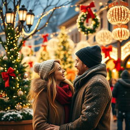A romantic couple gazing into each other's eyes in a beautifully decorated Christmas square