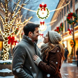 A romantic couple gazing into each other's eyes in a beautifully decorated Christmas square